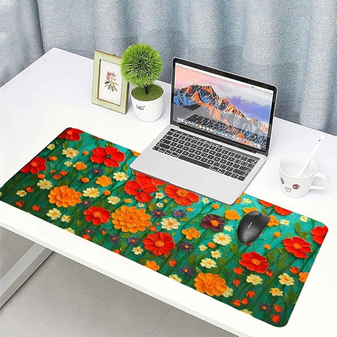 Oil Painting Flowers Desk Mat for Women, Large PU Leather Desk Pad with Non-Slip Base, Aesthetic Office Keyboard Cover for Gaming & Home Work, Artistic Desk Decor (31.5 * 15.75in)