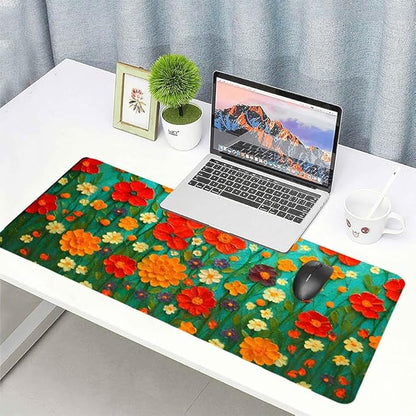 Oil Painting Flowers Desk Mat for Women, Large PU Leather Desk Pad with Non-Slip Base, Aesthetic Office Keyboard Cover for Gaming & Home Work, Artistic Desk Decor (31.5 * 15.75in)