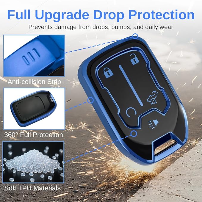 for GMC Key Fob Cover - TPU Key Shell Case Protector Compatible with Chevy Silverado and GMC Sierra 1500 2500HD 3500HD 5 Buttons Smart Remote Key, Blue