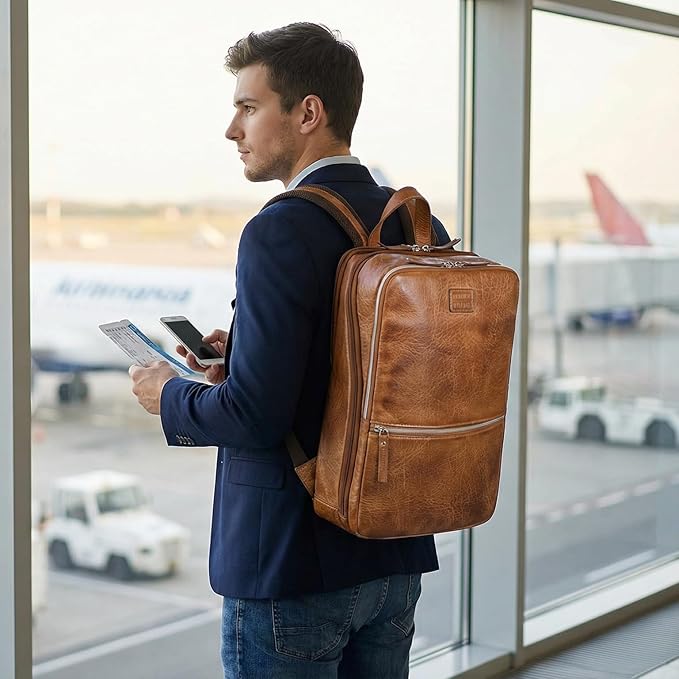 LEATHER VILLAGE Leather Laptop Backpack for Men | Camel Brown | Slim Professional Business Bag Fits 15.6”-Laptop | Water-Repellent Work & Travel Daypack with Trolley Strap