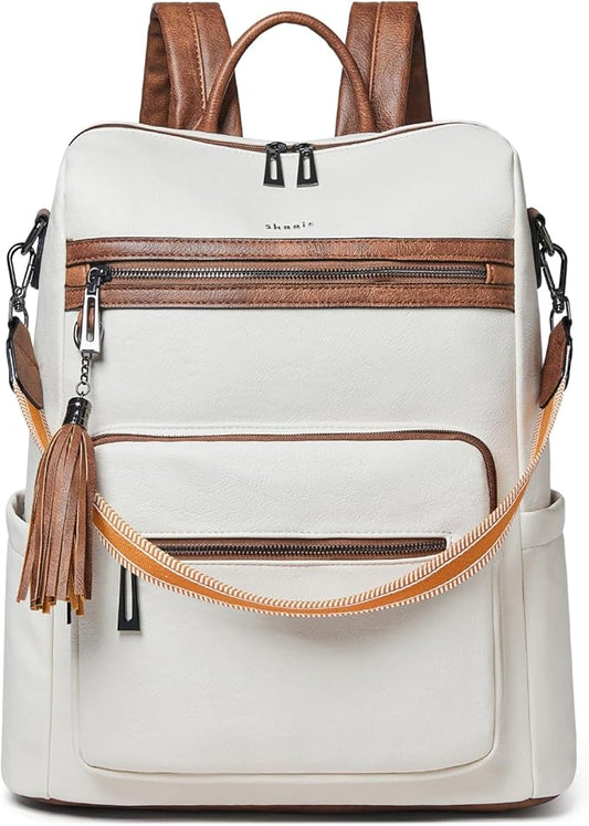 Shrrie 15.6 inch Laptop Backpack for Women,Large Leather Backpack Purse,Travel,Carry on,Water Resistant Casual Laptop Backpacks,College Backpack,Work Backpack for Women,Beige with Brown