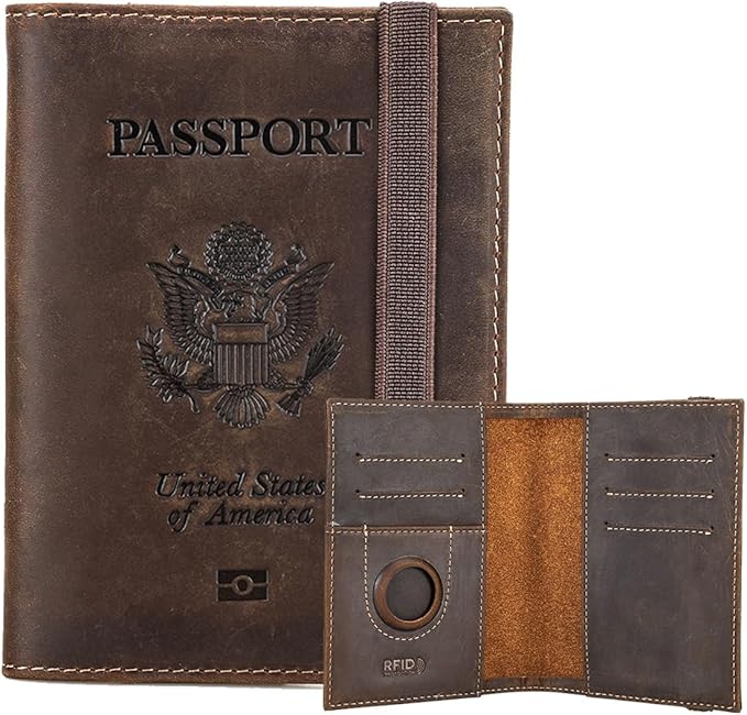 CONTACTS Full Grain Leather Passport Holder for 2 RFID Blocking Travel Passport Wallet Compatible with Airtag Passport Cover Case for 2 Passports, 5 Card Slots with Logo
