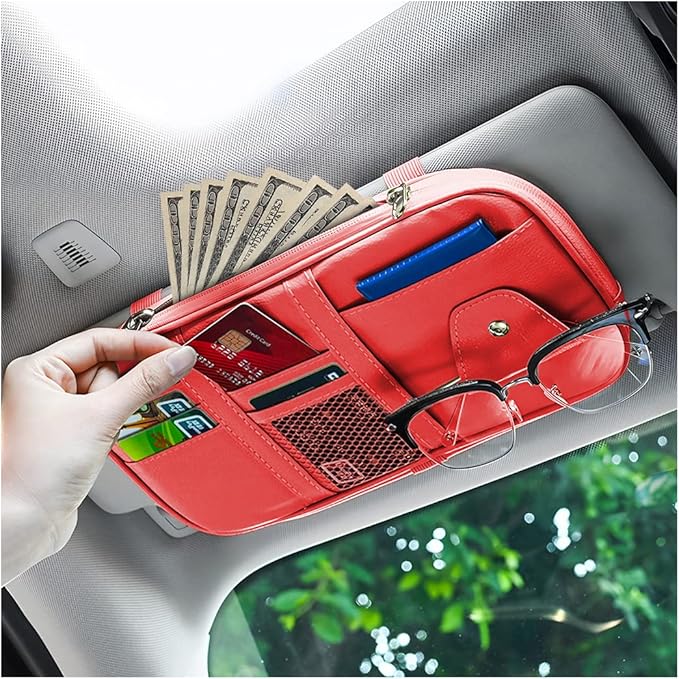 Car Sun Visor Organizer, Sunglass Holder and Storage Pocket, Card Cash Pouch with Multi-Pocket Net Zipper, Case Bag for License Pen Key, Auto Interior Accessories for Truck, SUV, Van (Red)