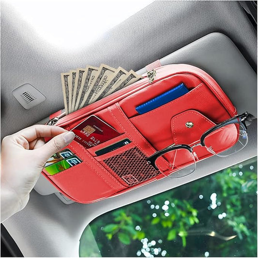AUCELI Car Sun Visor Organizer, PU Leather Document Registration Case Bag with Multi-Pocket for License Pen Key, Sunglass Holder Net Zipper Storage Pouch, Universal Auto Truck Accessories