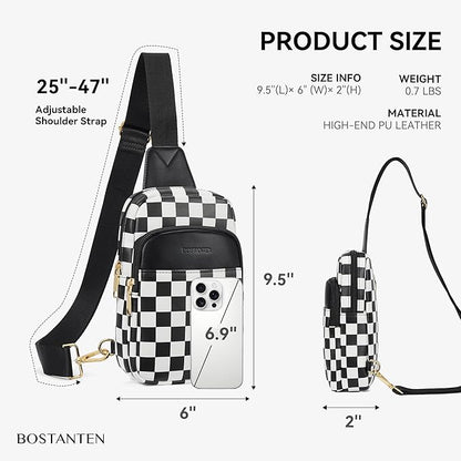 BOSTANTEN Sling Bag Quilted Crossbody Bags for Women Cross Body Purse Leather Fanny Pack with Adjustable Guitar Strap