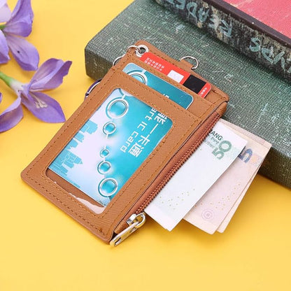 Portable Leather Business ID Card Credit Badge Holder Coin Purse Wallet Keychain (Black)