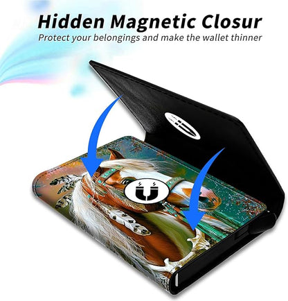 Minimalist Wallet for Men's Card Holders, Pop-Up Card Case Durable Wallets for Women, Leather Automatic Credit Card Holder with Metal Money Clip RFID Blocking Bifold Pocket, Feathered Horse