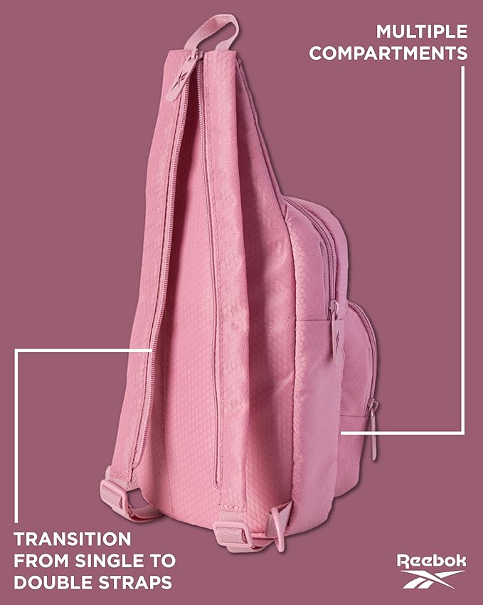 Reebok Unisex Crossbody Sling Bags – Compact Convertible Strap Cross Body Bag Travel Sling Bag - Gym & Travel Essential, Cosmos Rose