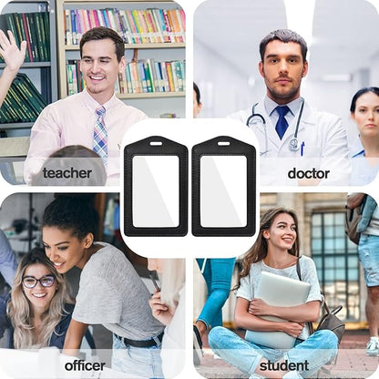 2 Pcs Genuine Leather ID Badge Holder Vertical Double-Side Clear Card Holder Waterproof Name Badge Holder for Office, Staff, Students, Employees(Black&Black)