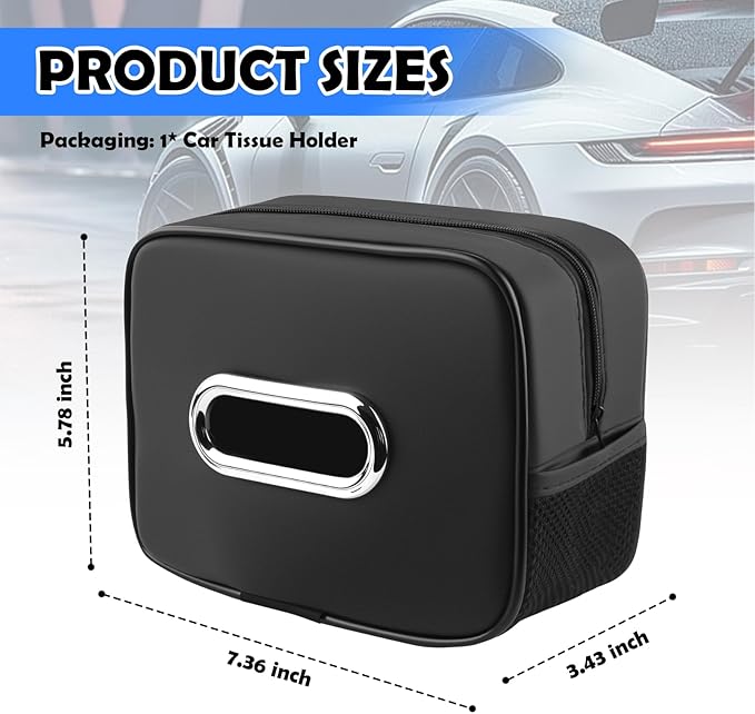 Leather Car Tissue Holder,Upgraded Large Capacity Car Tissue Box Cover with Side Mesh Pockets & Zipper,Foldable Tissues Holder in Cars for Sun Visor & Headrest Organizer