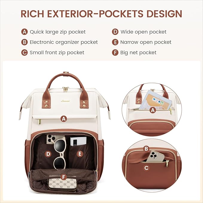 LOVEVOOK Leather Backpack for Women, 15.6 inch Laptop Backpack, Professional Work & Travel Bag, Women's Laptop Tote, Beige White-Brown