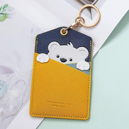 PU Leather ID Badge Holder with Keychain - Cartoon Animal Cute ID Badge Holder, 3 Card Slots for Professionals, Students, Nurse Officer, School Women Girls Boys (Yellow)