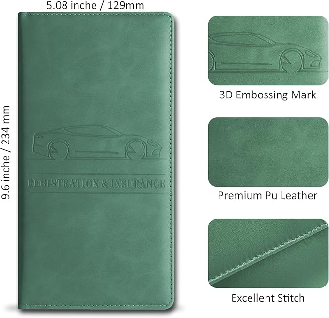 Car Accessories Registration and Insurance Holder,Leather Essential Card Magnetic Shut Vehicle Glove Box Organizer Case for Auto Driver License Document Truck Motorcycle Boat-Green