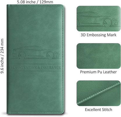 Car Accessories Registration and Insurance Holder,Leather Essential Card Magnetic Shut Vehicle Glove Box Organizer Case for Auto Driver License Document Truck Motorcycle Boat-Green