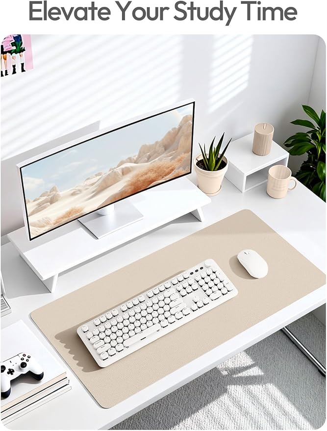 YSAGi Leather Desk Protector, Office Mat, Large Mouse Mat, Non-Slip PU Leather Blotter, Laptop Desk, Waterproof Writing Pad for Office and Home (Eggshell, 35.4" x 17")