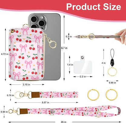 Lanyards for ID Badges, PU Leather Lanyard Wallet, RFID Blocking, ID Badge Holder with Zipper Pocket Detachable Phone Lanyard Keychain Wristlet for Teacher Nurse Office- Bow Cherry