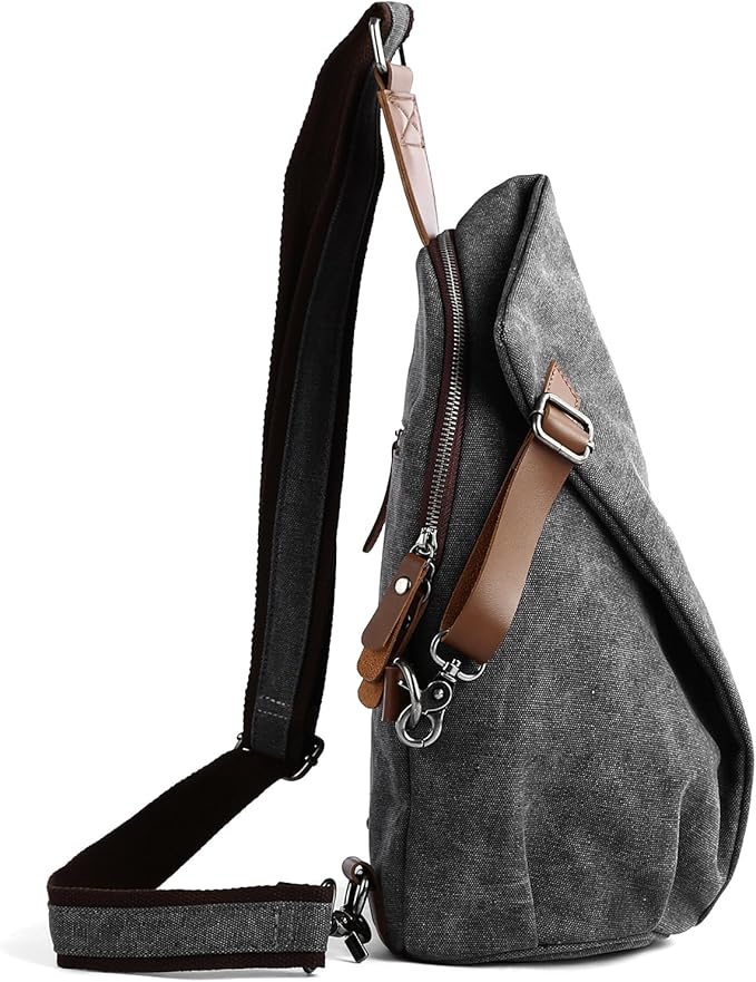 MOYYI Canvas Sling Bag for Men Women, 10L Crossbody Bag Small Backpack, Casual Daypack with Anti-Theft Pocket, Vintage Canvas Shoulder Bags for Travel, Daily, Hiking, Work (Grey)