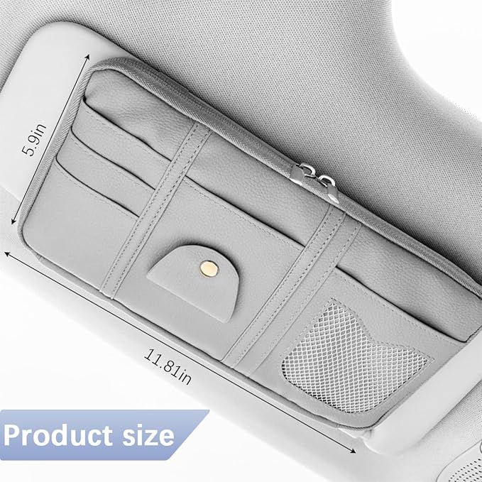 Car Sun Visor Organizer, Multi-Pocket Leather Vehicle Visor Storage Pouch & Sunglasses Holder, Auto Interior Document Card Holder with Double Zipper, Universal for Truck SUV Sedan (Grey)