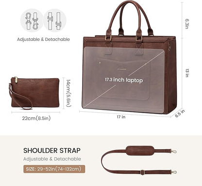 LOVEVOOK Laptop Tote Bag for Women, 17.3 Inch Work Bags, Vintage Leather Tote Bag, Waterproof Computer Bags with Clutch Purse, Large Capacity Messenger Bag for Teacher College Business Office