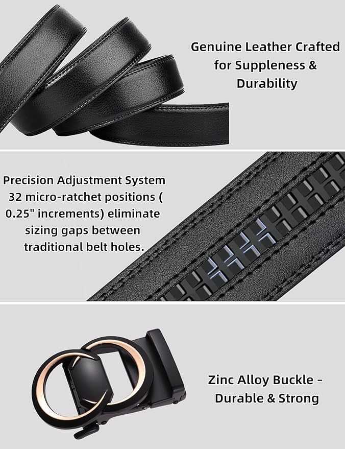 Men's Ratchet Belt Leather Belt Adjustable for Men Gift 1 3/8-Cut for Perfect Fit