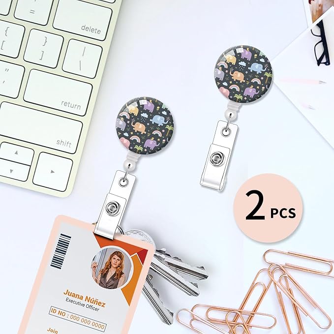 2 Pack Badge Reels Holder Retractable with ID Clip for Nurse Name Tag Card Nursing for Doctor Teacher Student Employee Office Medical Work (Funny Elephants)