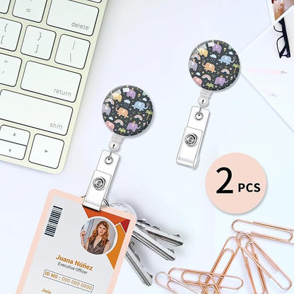 2 Pack Badge Reels Holder Retractable with ID Clip for Nurse Name Tag Card Nursing for Doctor Teacher Student Employee Office Medical Work (Funny Elephants)
