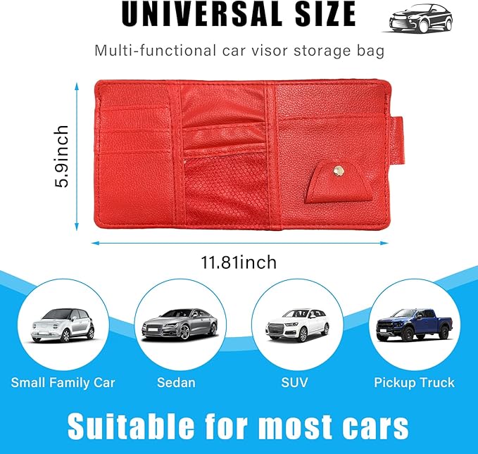 Augeny Car Sun Visor Organizer, Leather Personal Belonging Storage Pouch with Zipper, Car Visor Storage Pouch Sunglasses Holder, Auto Interior Accessories Pocket Organizers (Red)