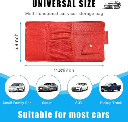Augeny Car Sun Visor Organizer, Leather Personal Belonging Storage Pouch with Zipper, Car Visor Storage Pouch Sunglasses Holder, Auto Interior Accessories Pocket Organizers (Red)