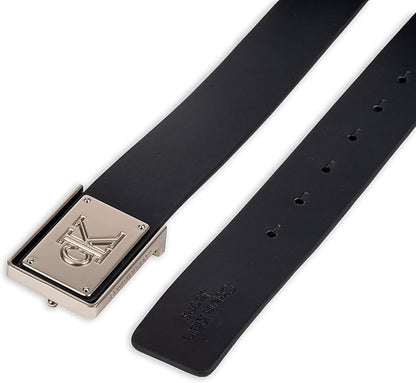 Calvin Klein Men's Plaque Buckle Belt - Casual Modern Style With Logo Detail for Jeans and Dress Pants