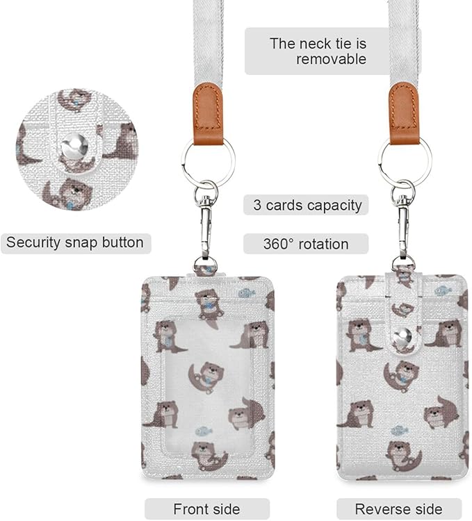 Kigai PU Leather Badge Holder Cute Otter Vertical ID Card Holder Wallet with 1 Clear ID Window, 2 Card Slots, 1 Removable Neck Lanyard, for Both Office and School