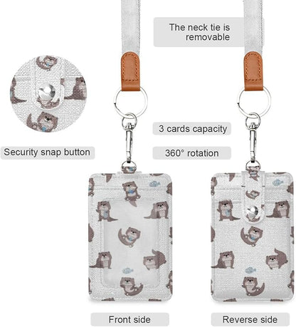 Kigai PU Leather Badge Holder Cute Otter Vertical ID Card Holder Wallet with 1 Clear ID Window, 2 Card Slots, 1 Removable Neck Lanyard, for Both Office and School