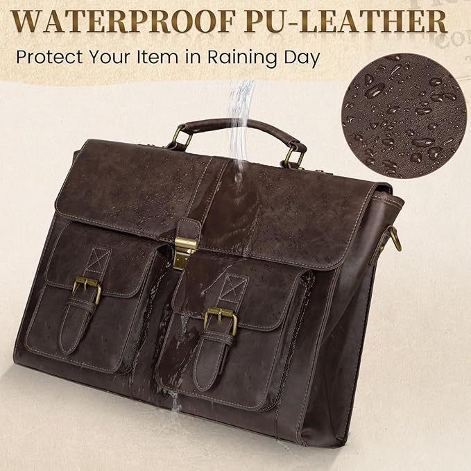 RAINSMORE Mens Messenger Bag 15.6 Inch Leather Vintage Laptop Briefcase Waterproof Computer Laptop Bag Leather Satchel Bag Large Shoulder Bag for Office Work Travel College, Coffee