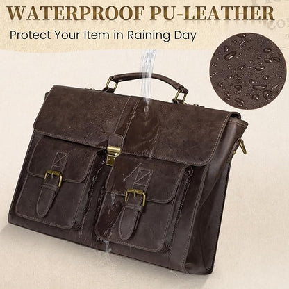 RAINSMORE Mens Messenger Bag 15.6 Inch Leather Vintage Laptop Briefcase Waterproof Computer Laptop Bag Leather Satchel Bag Large Shoulder Bag for Office Work Travel College, Coffee