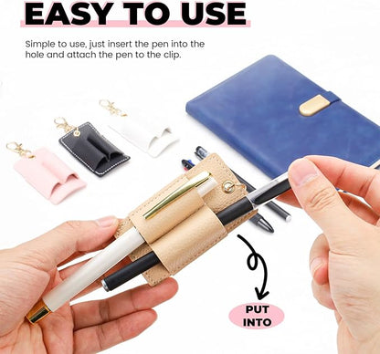 LELE LIFE 4 Pack Double Pen Holder for Lanyard, Anti-Lost Pen Clip for Retractable Badge Reel & Neck Lanyard, Pocket PU Leather Keychain for Nurse Clerk, White