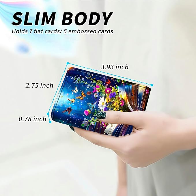Minimalist Wallet for Men's Card Holders, Pop-Up Card Case Durable Wallets for Women, Leather Automatic Credit Card Holder with Metal Money Clip RFID Blocking Bifold Pocket, Book Flower