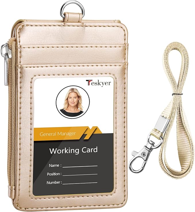 Teskyer Badge Holder with Side Zip Pocket, Multiple Card Slots Leather ID Holder Wallet with Neck Lanyard for Office Staffs, Teachers/Students, Couriers, Workers, Gold