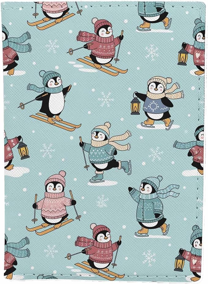 Cute Penguins Passport Holder for Travel Winter Activities Nature Snow PU Leather Passport Cover Wallet Cute Passport Card Holder for Women and Men