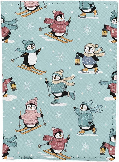 Cute Penguins Passport Holder for Travel Winter Activities Nature Snow PU Leather Passport Cover Wallet Cute Passport Card Holder for Women and Men