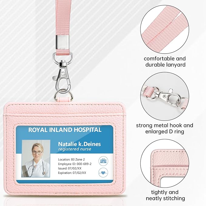Teskyer Badge Holder with Lanyard, Leather ID Name Badge Card Holder with Lanyard for ID Badges, Horizontal, Lychee Pattern Light Pink