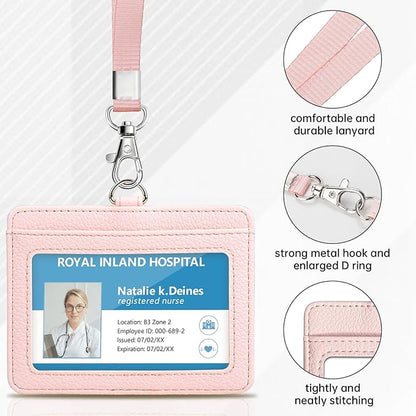 Teskyer Badge Holder with Lanyard, Leather ID Name Badge Card Holder with Lanyard for ID Badges, Horizontal, Lychee Pattern Light Pink