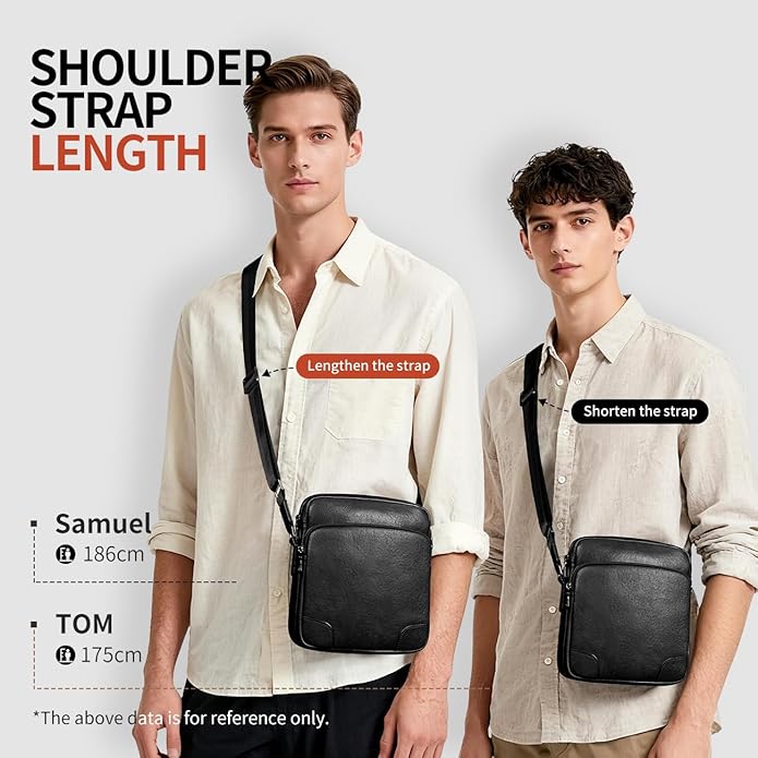 Augus Leather Messenger Crossbody Shoulder Bag for Men Work Business Casual Adjustable Straps (Black-1)