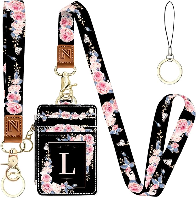 A-Z Letter 2-in-1 ID Badge Holder & Lanyard Wallet for Teachers,Nurse,Professionals-Cute Zippered Coin Pouch,Removable Wristlet & Neck Lanyard,5 Card Slots Stylish Work Essential L