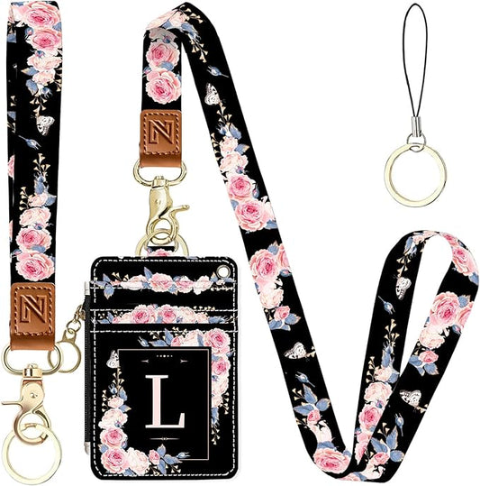 A-Z Letter 2-in-1 ID Badge Holder & Lanyard Wallet for Teachers,Nurse,Professionals-Cute Zippered Coin Pouch,Removable Wristlet & Neck Lanyard,5 Card Slots Stylish Work Essential L
