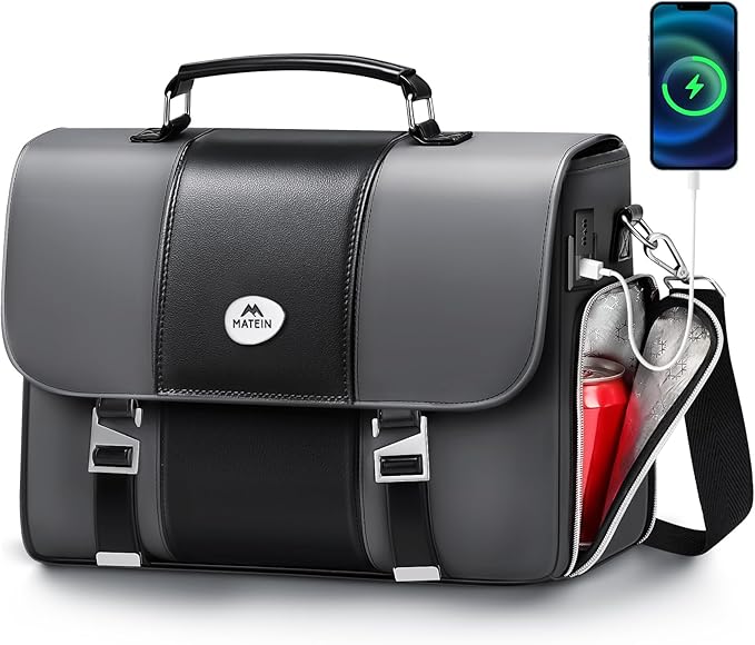 MATEIN Mens Business Briefcase 15.6 Inch, PU Leather Messenger Bags Laptop Computer Bag with USB Charging Port & Cooler, Waterproof Stylish Crossbody Shoulder Satchel for Work Office Commuting