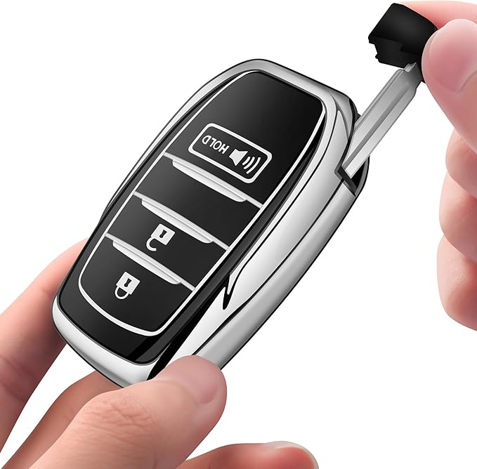 Sindeda for Toyota Key Fob Cover with Metal Keychain & Leather Strap for 2025-2026 Camry 4 Runner 2019-2026 Venza, Land Cruiser,2023-2026 Tacoma Grand Highlander,Corolla,bZ4X,3-Buttons(Silver)