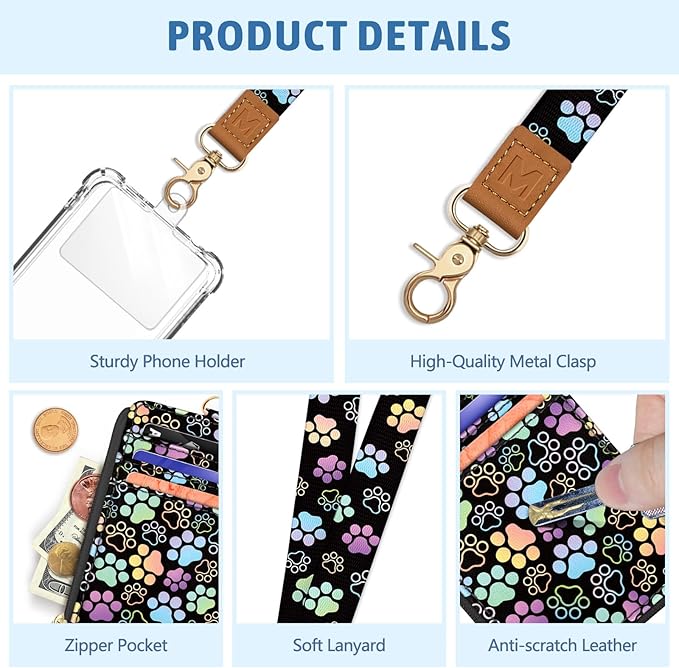 Piefly Cute Dog Paw Lanyard Wallet with ID Badge Holder, Small RFID Wallet Women Keychain Wristlet, Slim Credit Card Holder with Zipper Pocket Phone Lanyard Wrist Strap Name Tag Office Teacher Gift