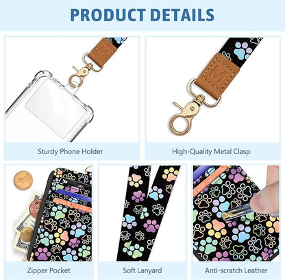 Piefly Cute Dog Paw Lanyard Wallet with ID Badge Holder, Small RFID Wallet Women Keychain Wristlet, Slim Credit Card Holder with Zipper Pocket Phone Lanyard Wrist Strap Name Tag Office Teacher Gift