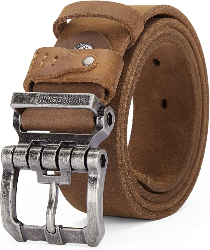 BISON DENIM Men's Belts Leather Dress Genuine Leather Classic Heavy Duty Buckle Belt Casual for Jeans