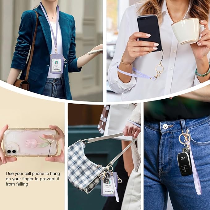 bolimoss 2-in-1 ID Badge Holder & Lanyard Wallet, Leather ID Name Badge with Side Zip Pocket for Teacher, Women Small Wallet with Removable Wristlet & Neck Lanyard, Clear Window, 5 Card Slots,Purple