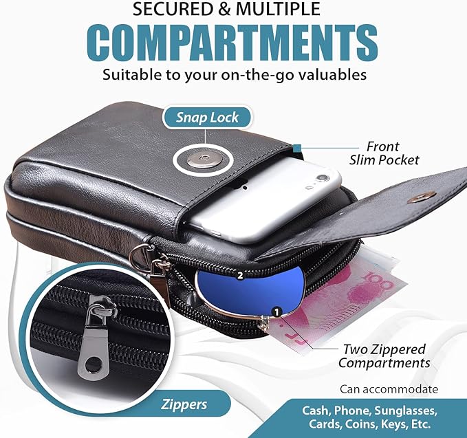 Hengwin Leather Phone Pouch Fits for iPhone 16 Pro Max 15 Plus 14 Pro Max 13 Pro Max 12 Pro Max Samsung Galaxy S24 Ultra S23 Ultra S22 Ultra Holster Belt Clip Case Crossbody Purse Shoulder Bag (Black)